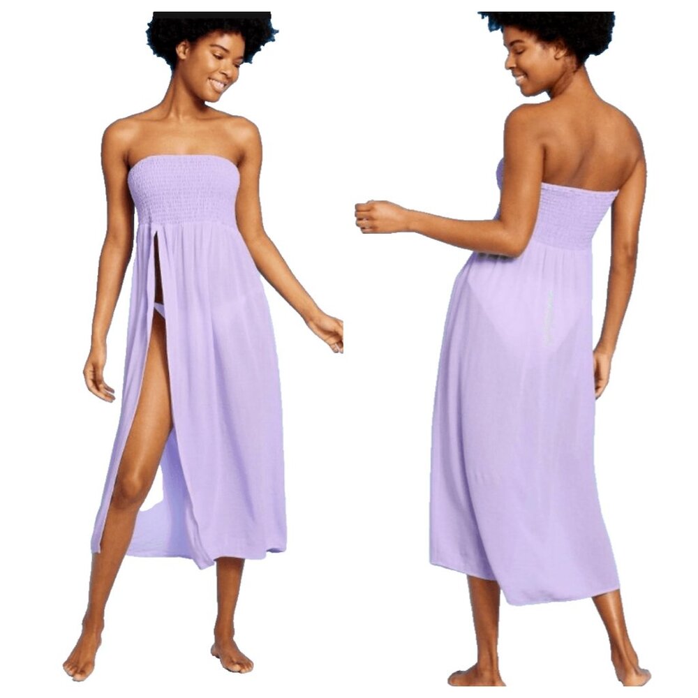 NEW Wild Fable Women's Smocked High Slit Convertible Cover Up Dress Purple XS